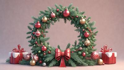 The primary subject of the image is a large, intricately designed wreath made of evergreen branches and adorned with various ornaments. The wreath is placed in front of a pink background, which adds a warm and festive touch to the scene. The visual style of the image is a combination of digital art and illustration, creating a vibrant and detailed representation of the wreath. The colors and mood of the image are predominantly warm and inviting, with the pink background and
